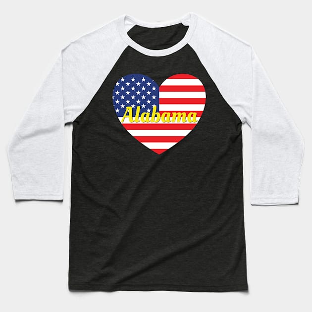 Alabama American Flag Heart Baseball T-Shirt by DPattonPD